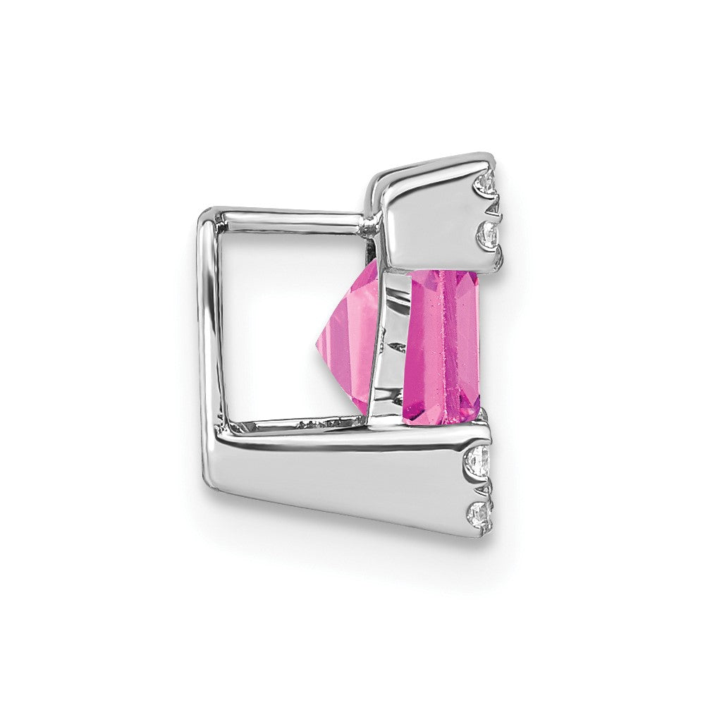 14k White Gold Square Created Pink Sapphire/Diamond Chain Slide
