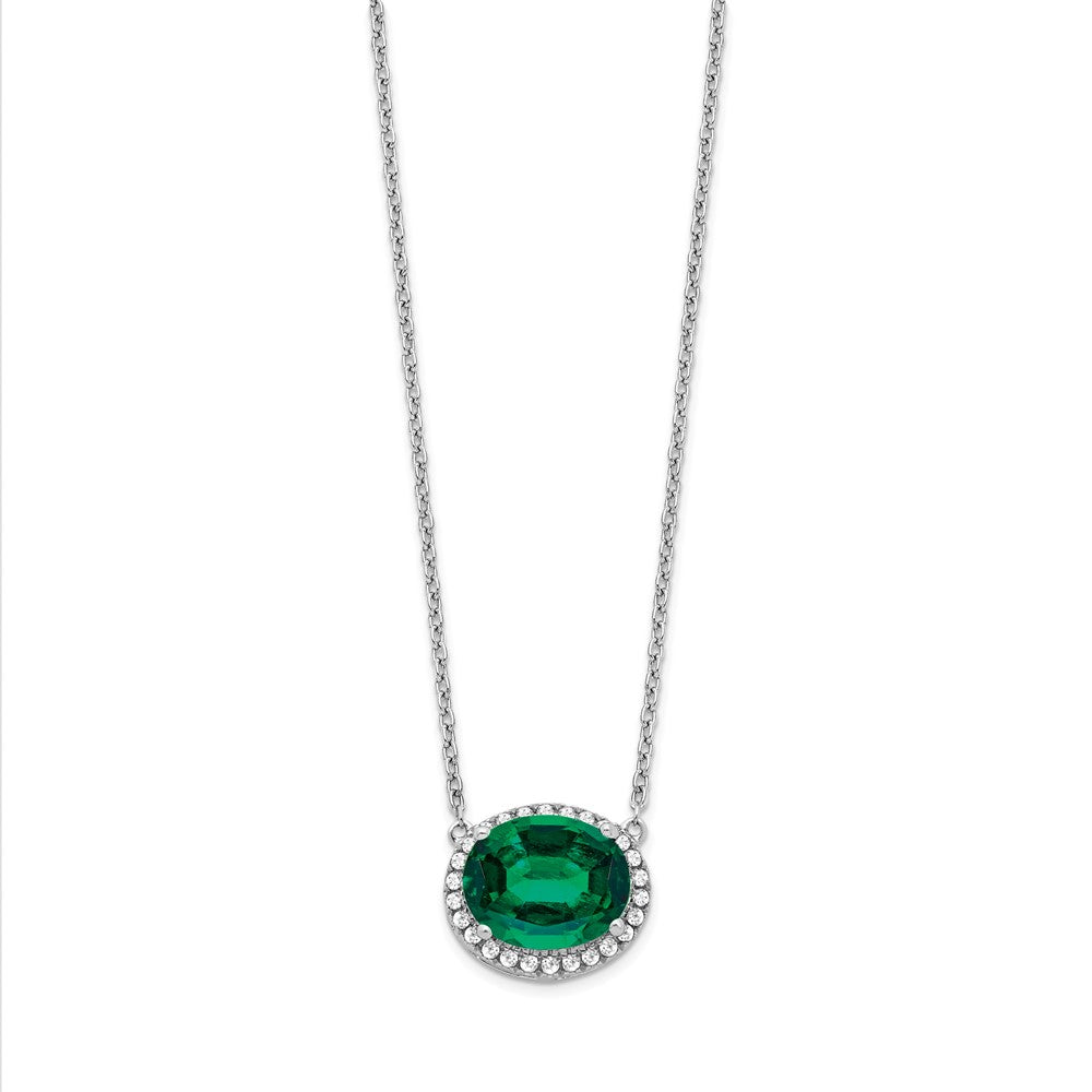14k White Gold Oval Created Emerald/Diamond . Halo Necklace