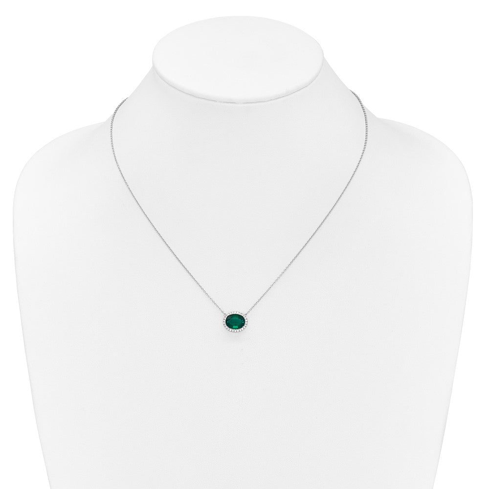 14k White Gold Oval Created Emerald/Diamond . Halo Necklace