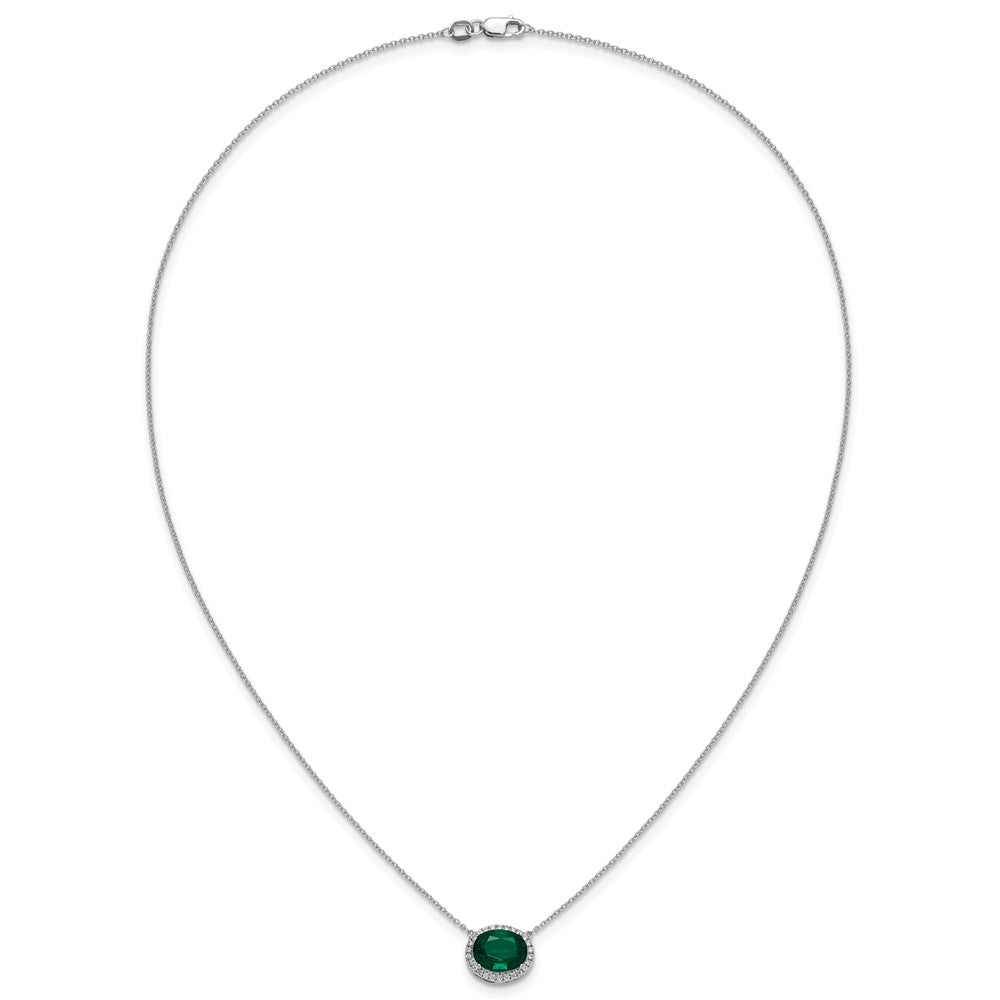 14k White Gold Oval Created Emerald/Diamond . Halo Necklace