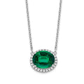 14k White Gold Oval Created Emerald/Diamond . Halo Necklace