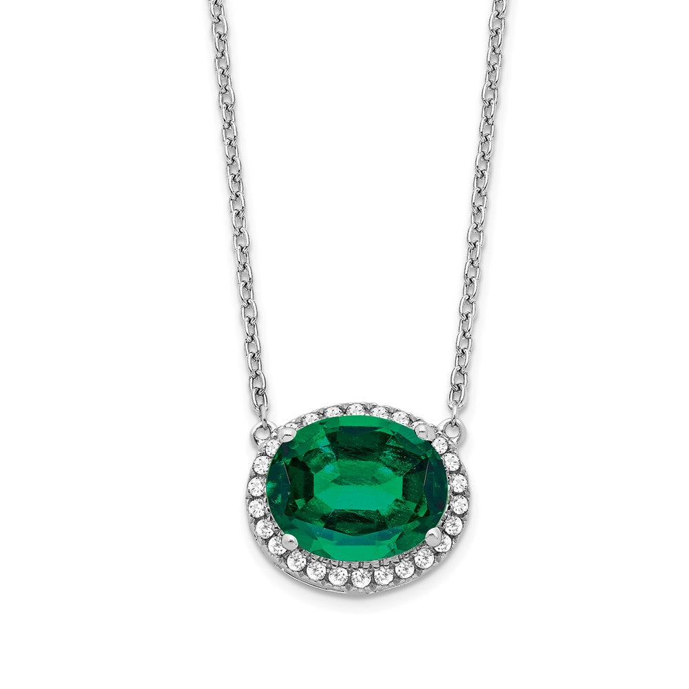 14k White Gold Oval Created Emerald/Diamond . Halo Necklace