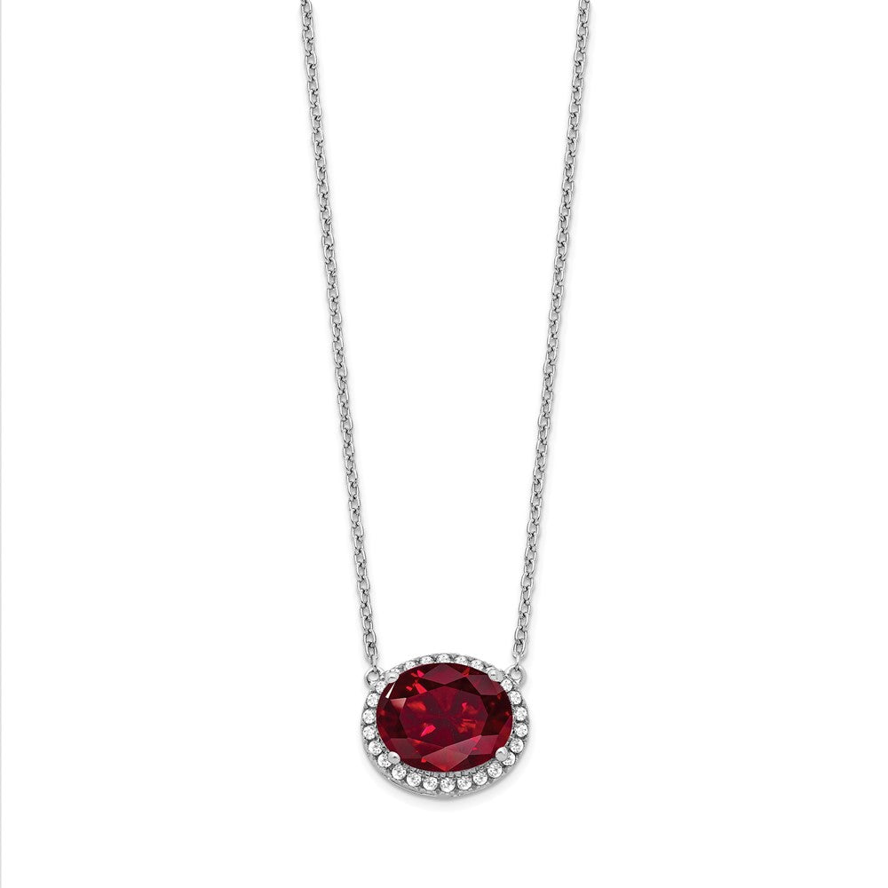 14k White Gold Oval Created Ruby/Diamond . Halo Necklace