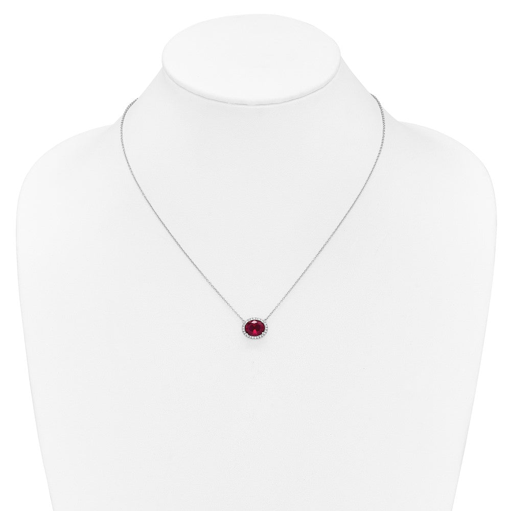 14k White Gold Oval Created Ruby/Diamond . Halo Necklace