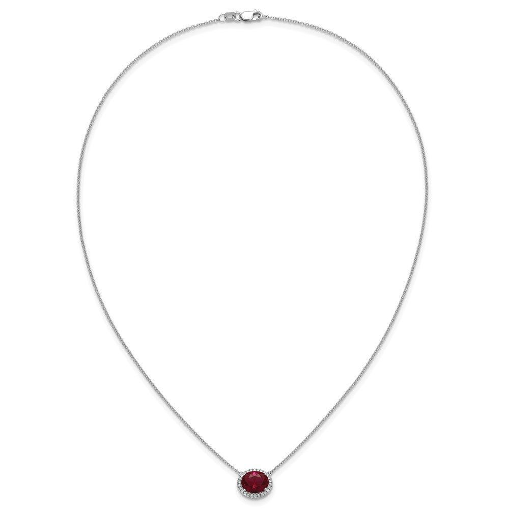 14k White Gold Oval Created Ruby/Diamond . Halo Necklace