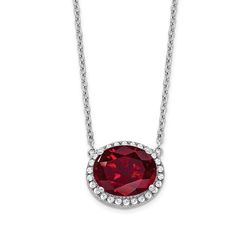 14k White Gold Oval Created Ruby/Diamond . Halo Necklace