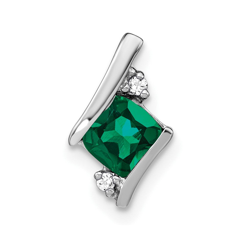 10k White Gold Cushion Cr. Emerald and Diamond Chain Slide