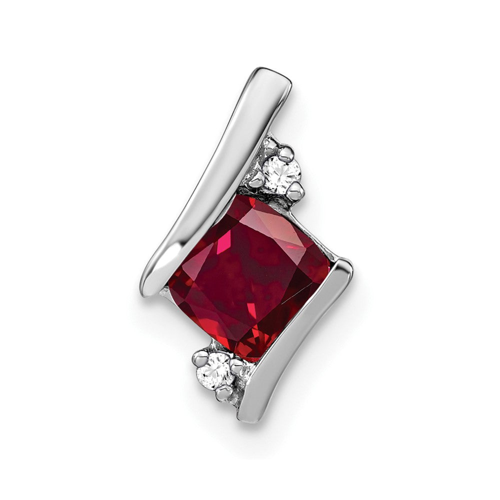10k White Gold Cushion Cr. Ruby and Diamond Chain Slide