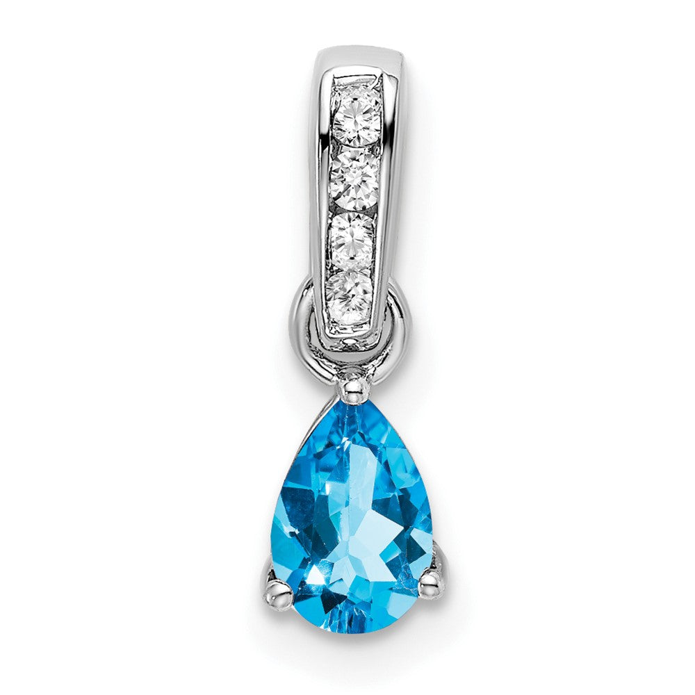14k White Gold Pear Blue Topaz and Diamond Pendant