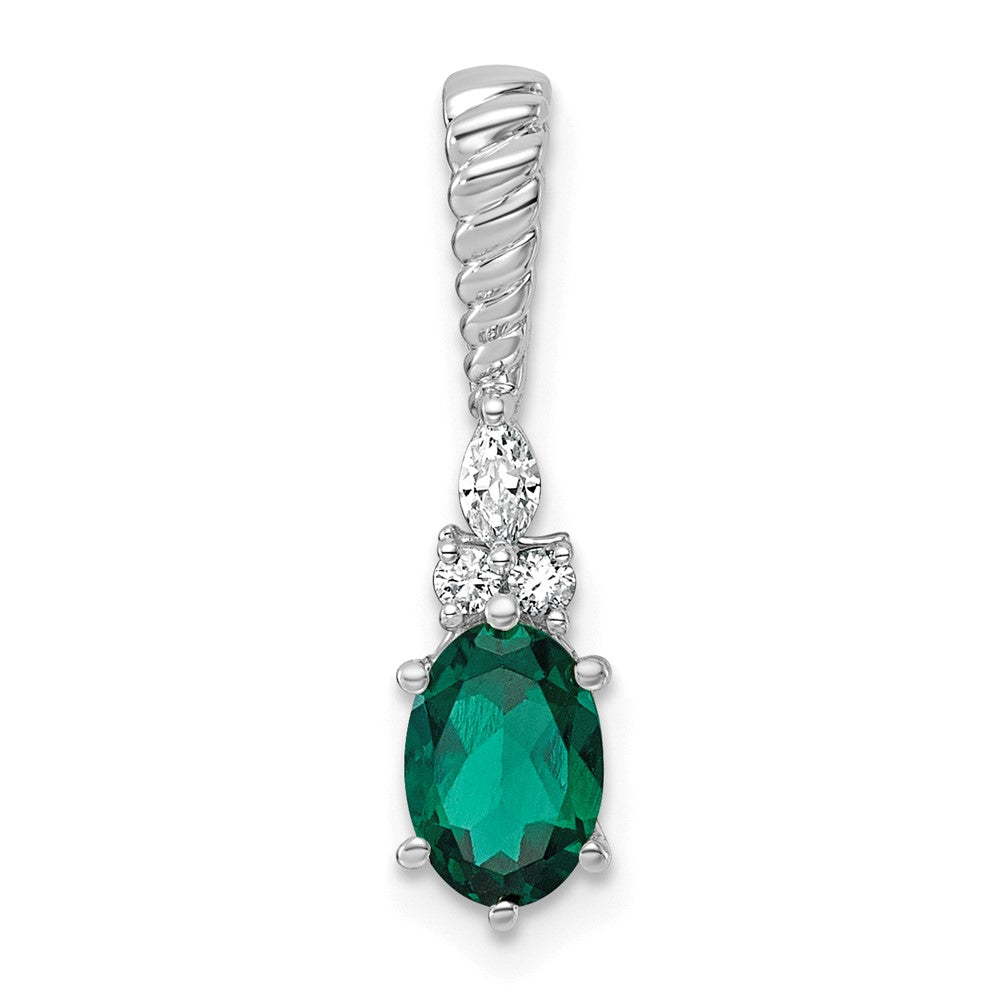 14K White Gold Polish Diamond and Lab Created Emerald Twisted Chain Slide