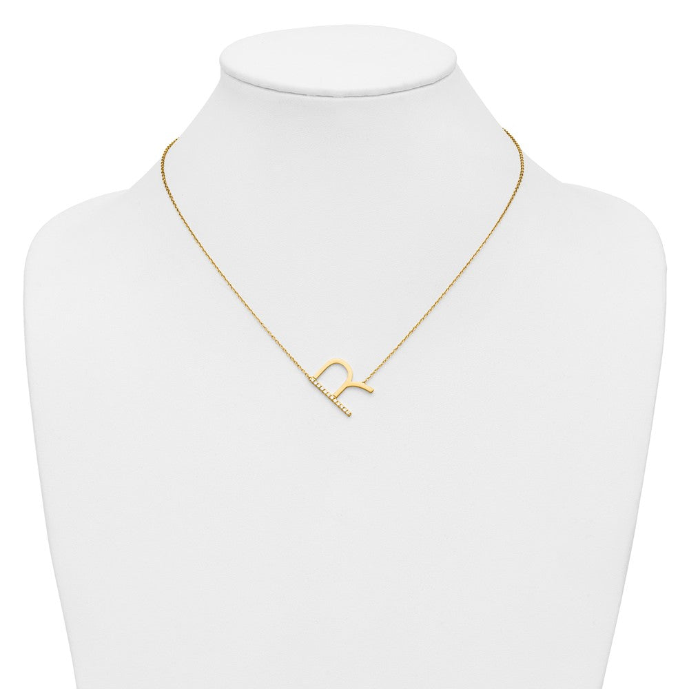 14K Sideways Diamond Initial R Necklace