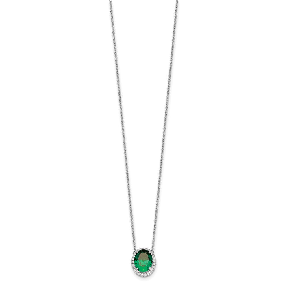 14k White Gold Oval Created Emerald/Diamond . Halo Necklace