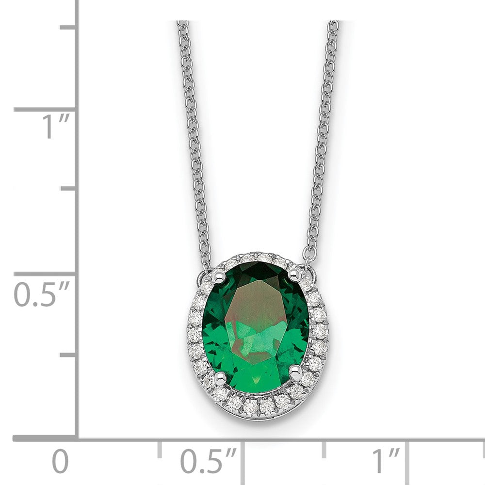 14k White Gold Oval Created Emerald/Diamond . Halo Necklace