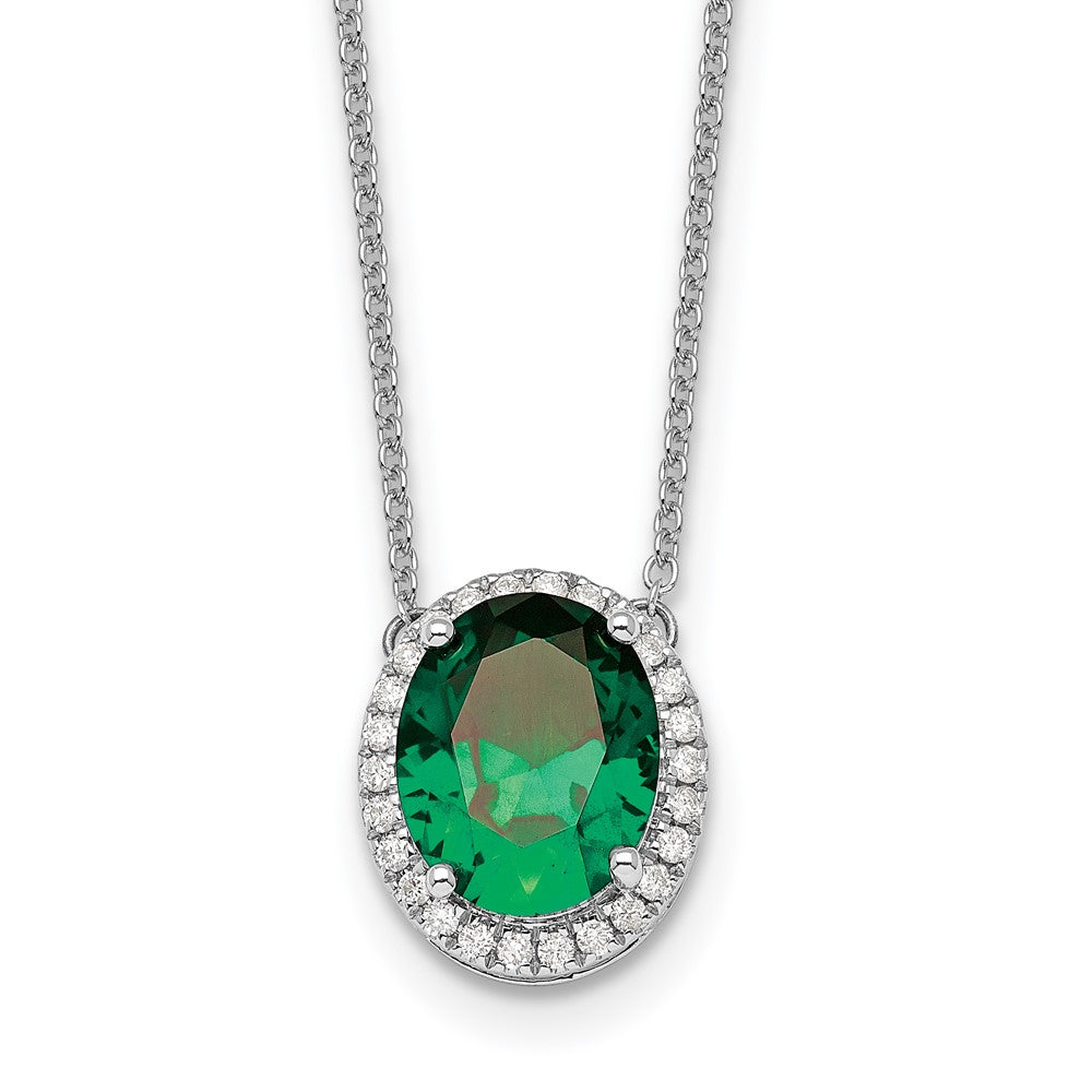 14k White Gold Oval Created Emerald/Diamond . Halo Necklace