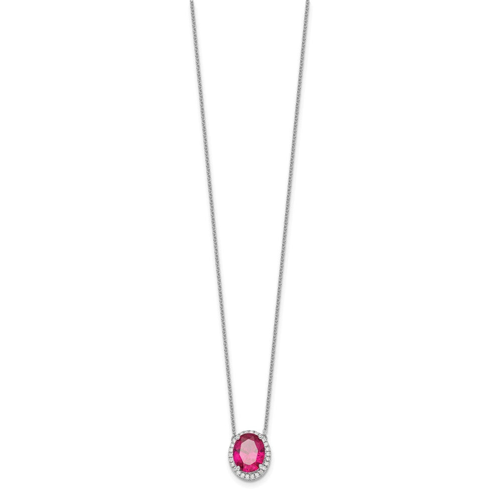 14k White Gold Oval Created Ruby/Diamond . Halo Necklace