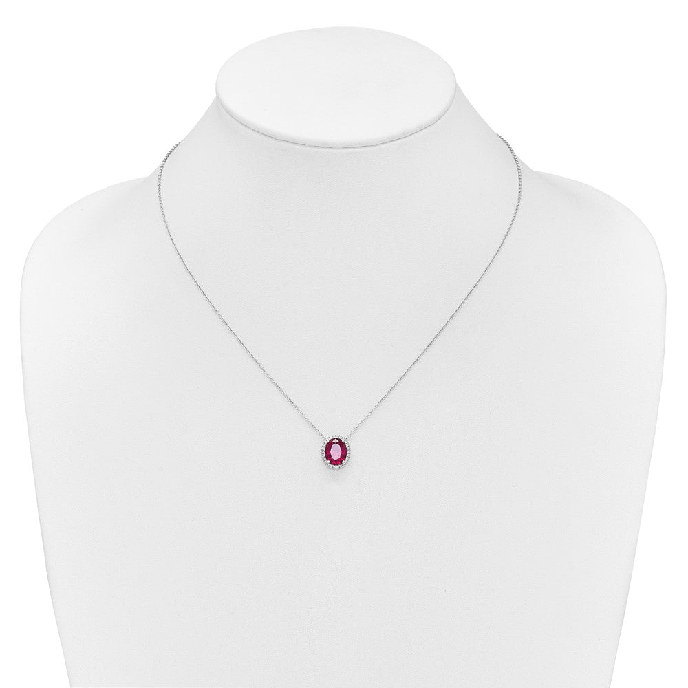14k White Gold Oval Created Ruby/Diamond . Halo Necklace