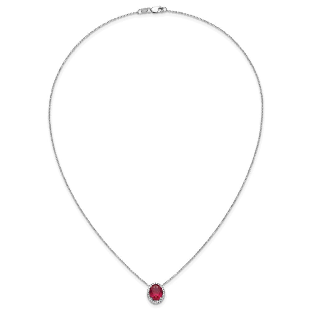 14k White Gold Oval Created Ruby/Diamond . Halo Necklace