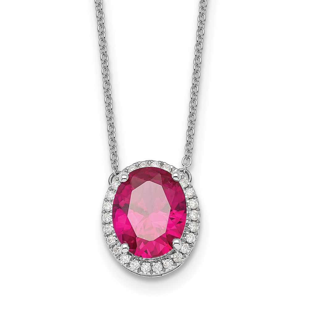 14k White Gold Oval Created Ruby/Diamond . Halo Necklace