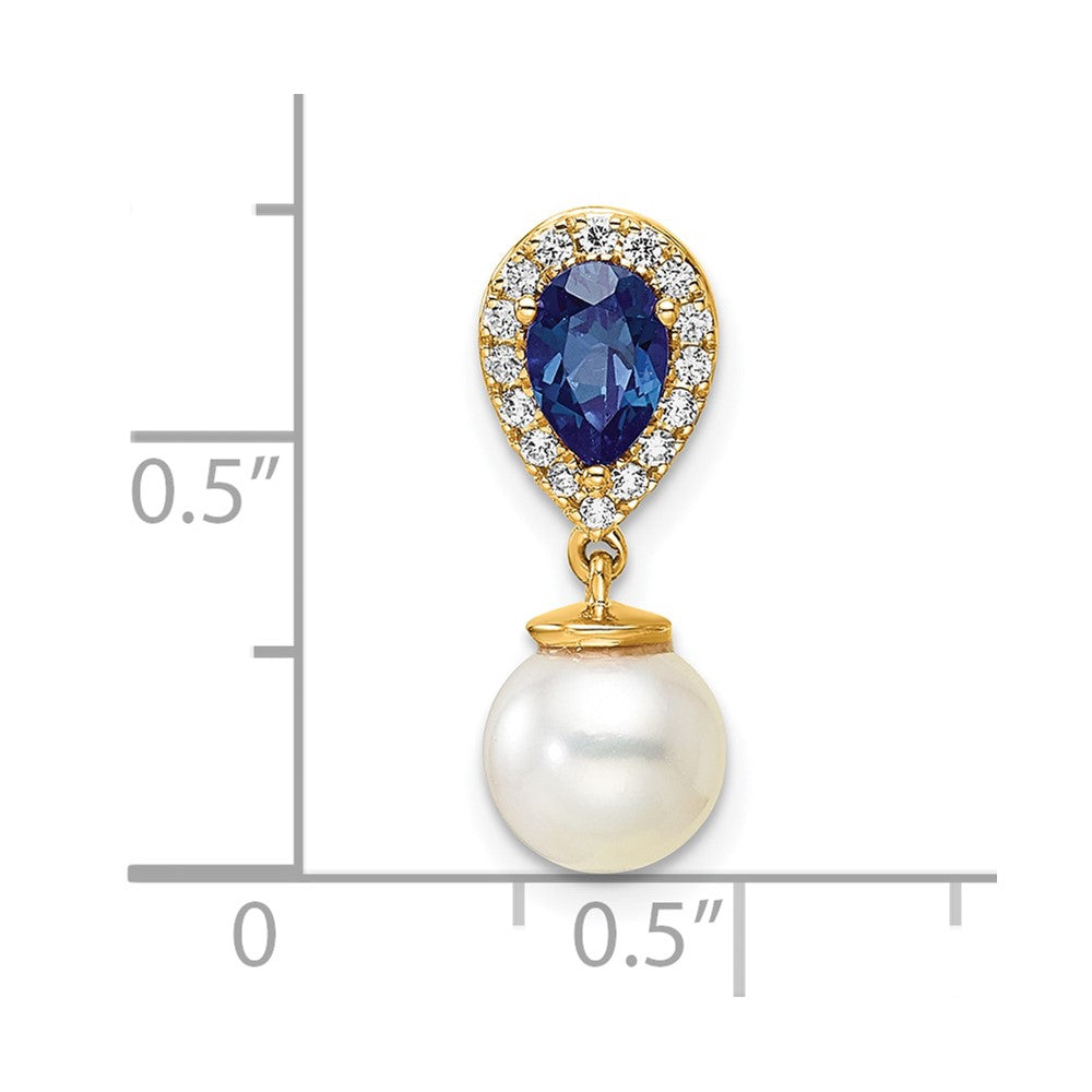 14K Polished Diamond Pearl and Sapphire Teardrop Chain Slide