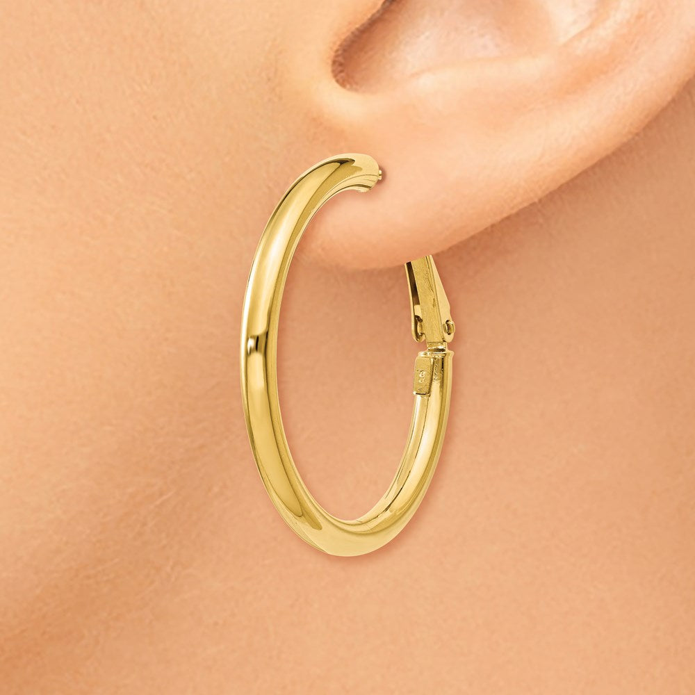 14k 3x32mm Polished Round Omega Back Hoop Earrings