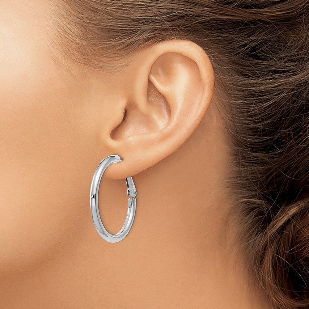 14k White Gold 3x32mm Polished Round Omega Back Hoop Earrings