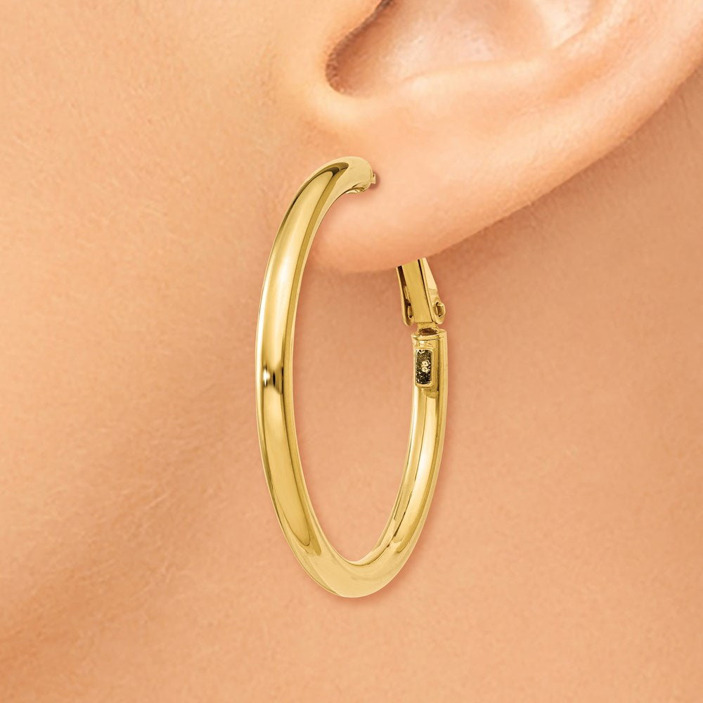 14k 3x36mm Polished Round Omega Back Hoop Earrings