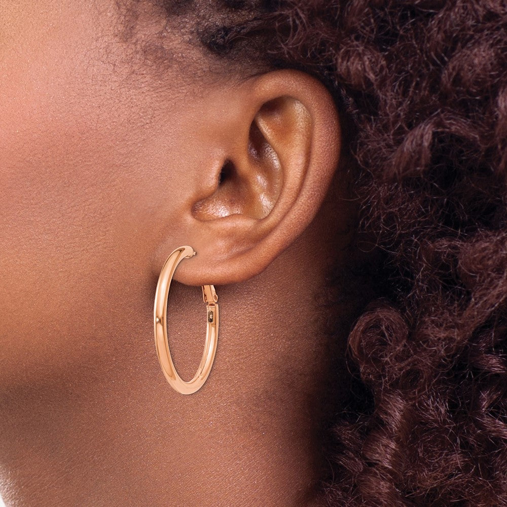 14k Rose Gold 3x36mm Polished Round Omega Back Hoop Earrings