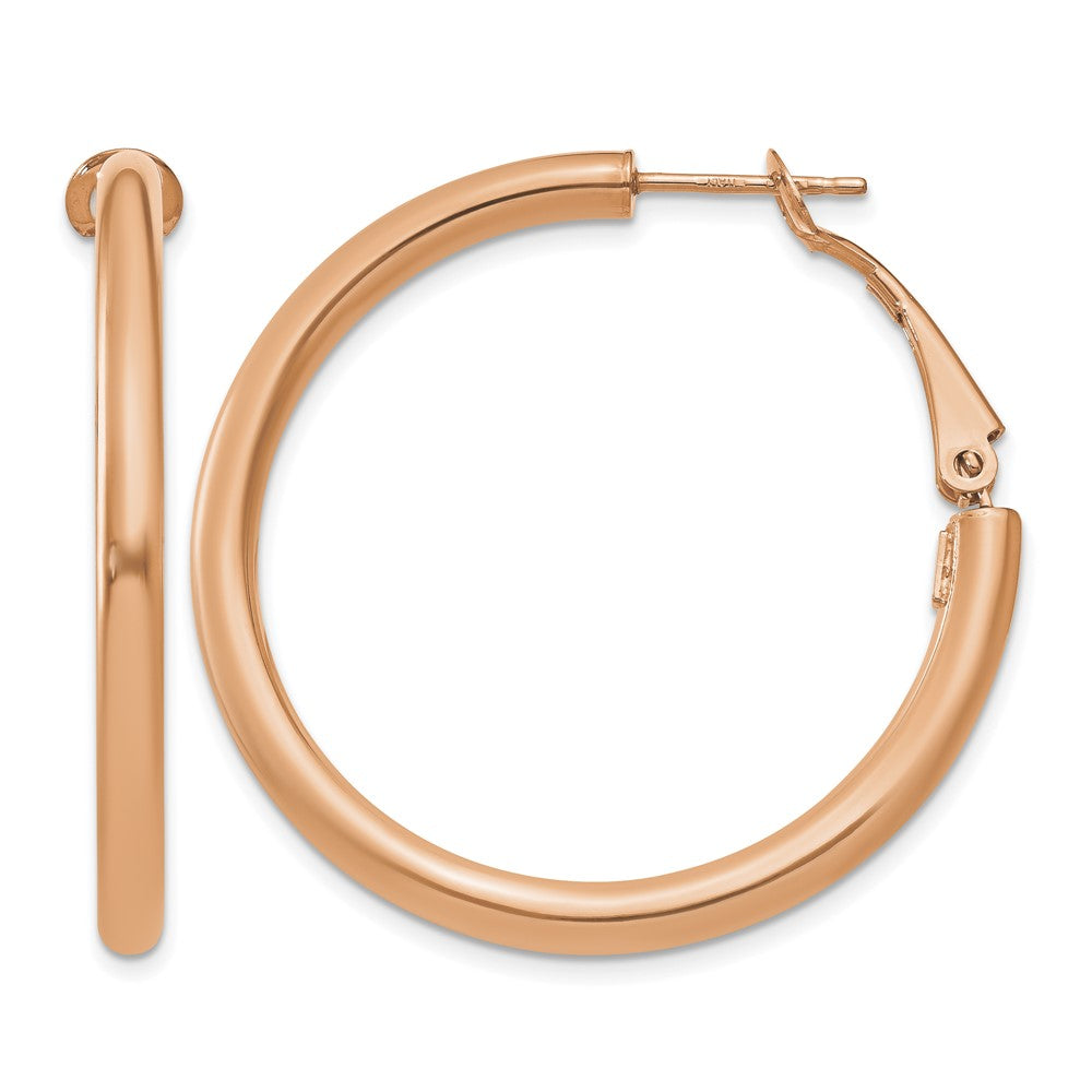 14k Rose Gold 3x36mm Polished Round Omega Back Hoop Earrings