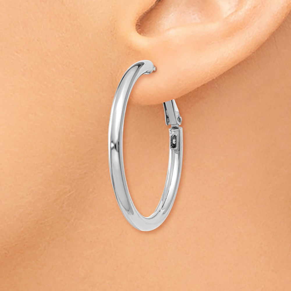 14k White Gold 3x36mm Polished Round Omega Back Hoop Earrings