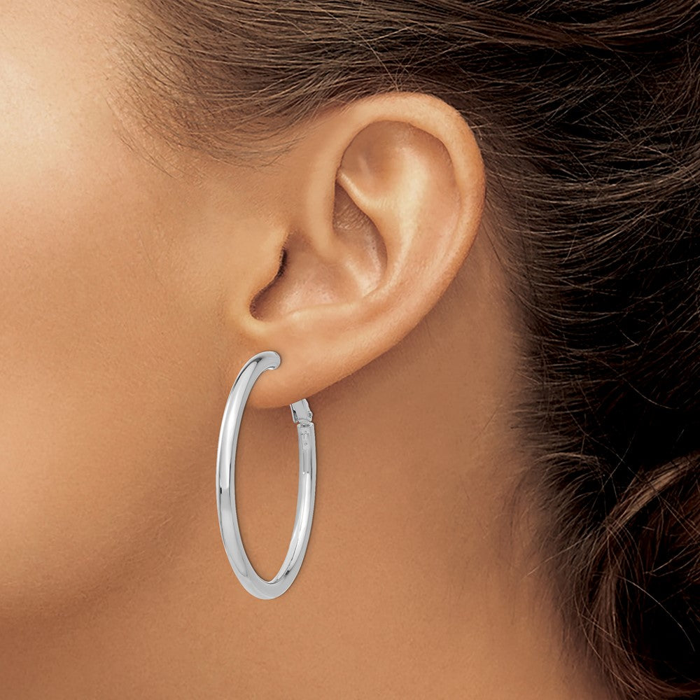 14k White Gold 3x41mm Polished Round Omega Back Hoop Earrings