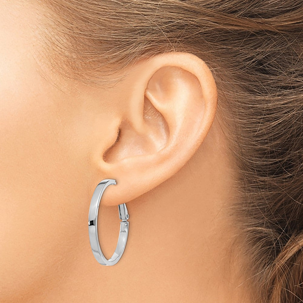 14k White Gold 3x30mm Polished Square Tube Round Hoop Earrings
