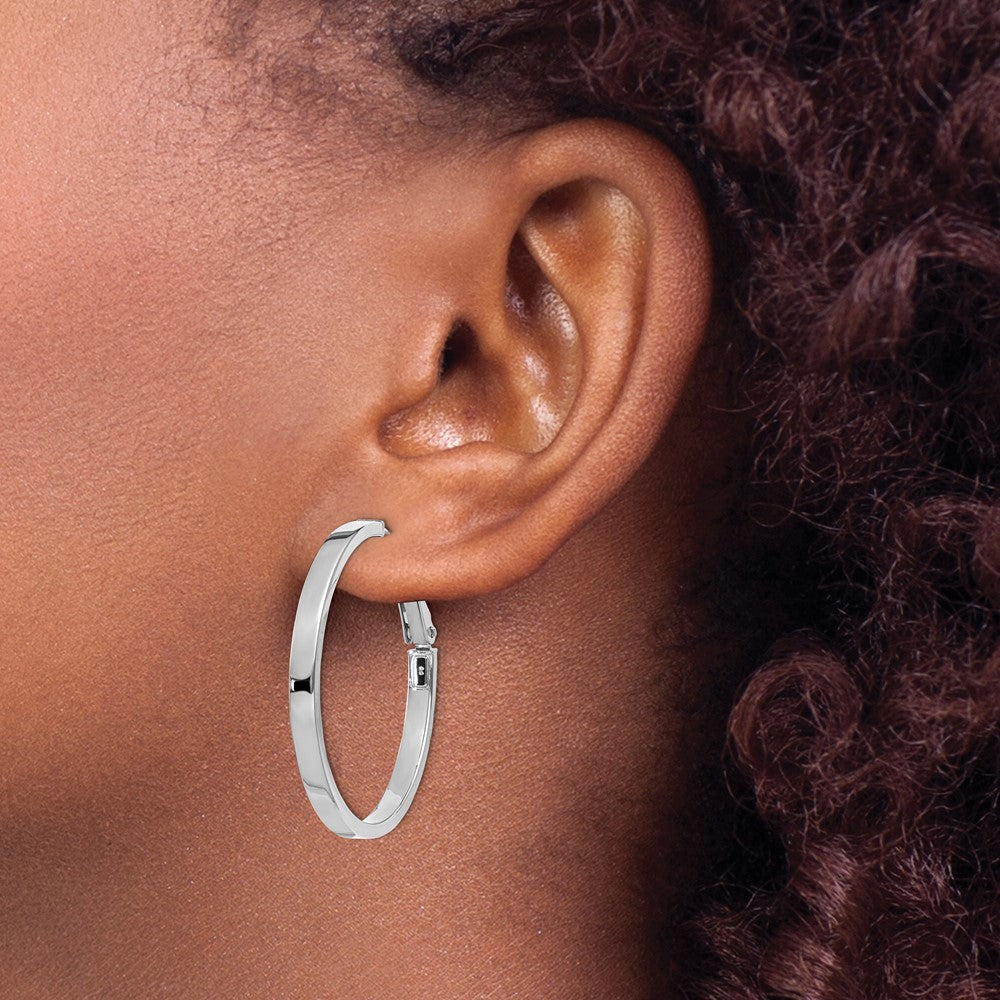 14k White Gold 3x35mm Polished Square Tube Round Hoop Earrings