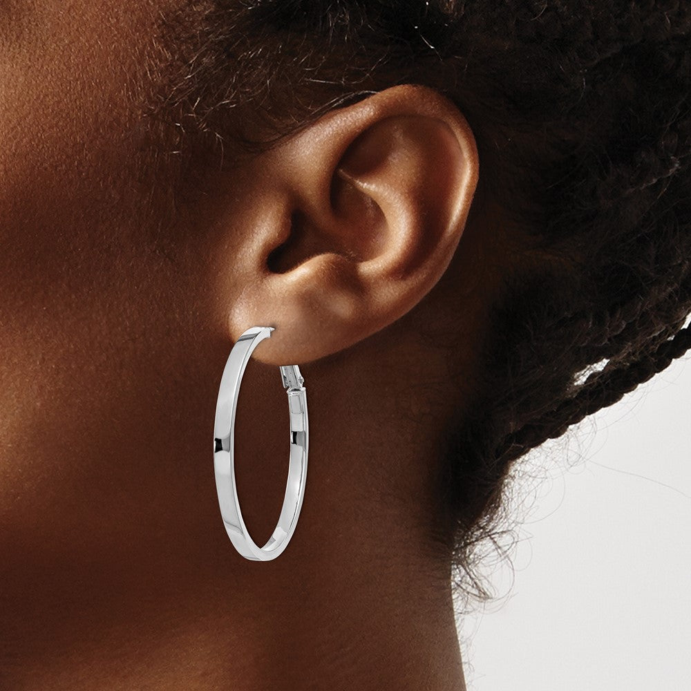 14k White Gold 3x40mm Polished Square Tube Round Hoop Earrings