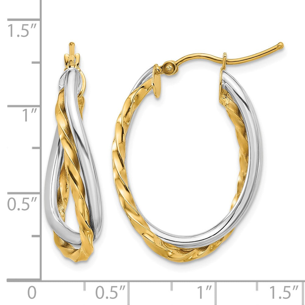 14k Two-Tone Textured and Polished Twist Oval Hoop Earrings