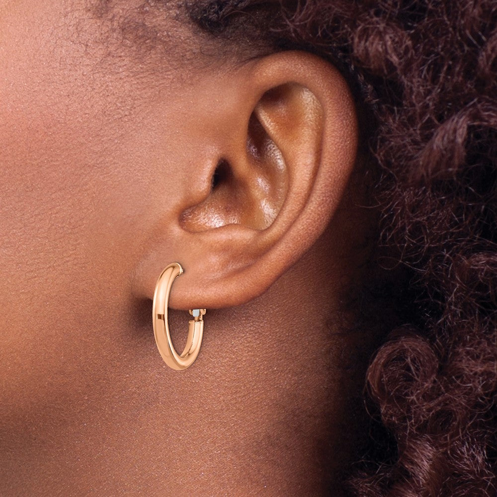 14k Rose Gold 3x22mm Polished Round Omega Back Hoop Earrings