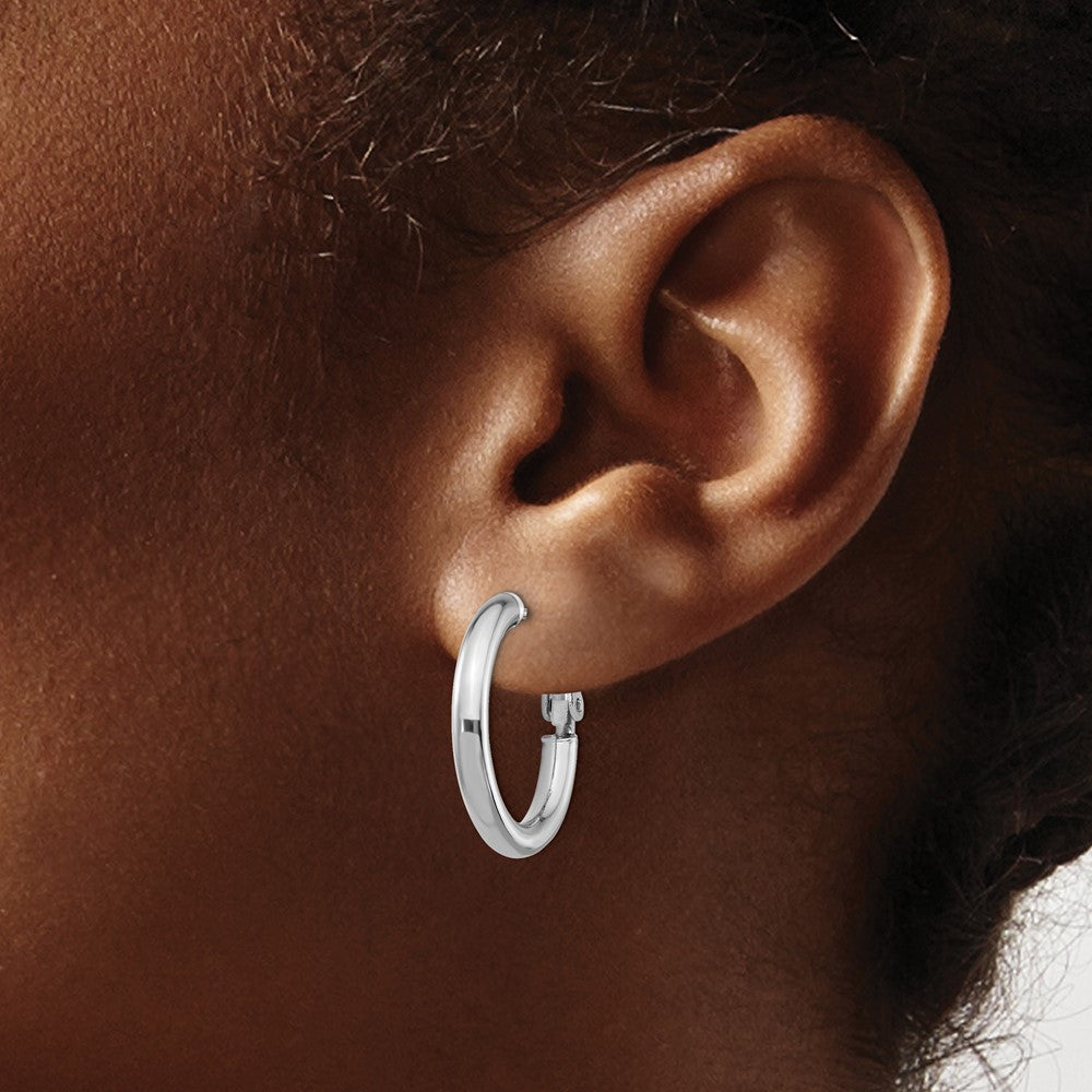 14k White Gold 3x22mm Polished Round Omega Back Hoop Earrings