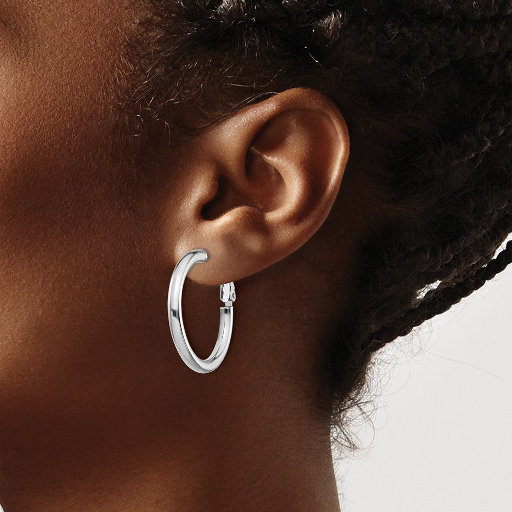 14k White Gold 3x25mm Polished Round Omega Back Hoop Earrings