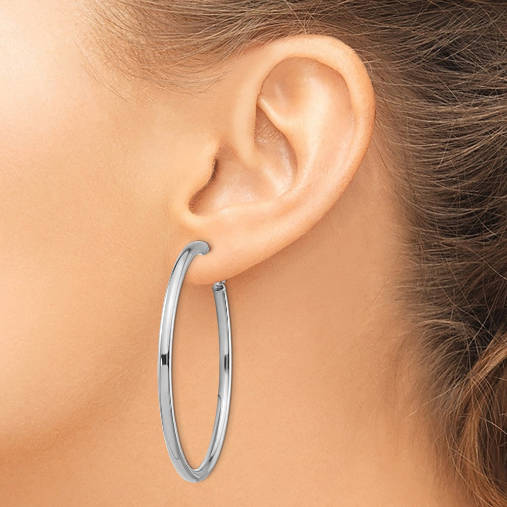 14k White Gold 3x52mm Polished Round Omega Back Hoop Earrings
