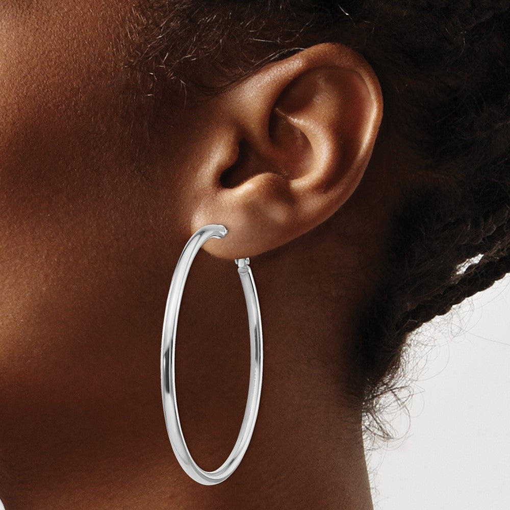 14k White Gold 3x57mm Polished Round Omega Back Hoop Earrings