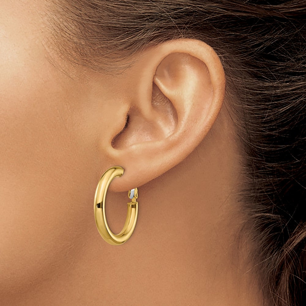 14k 4x28mm Polished Round Omega Back Hoop Earrings