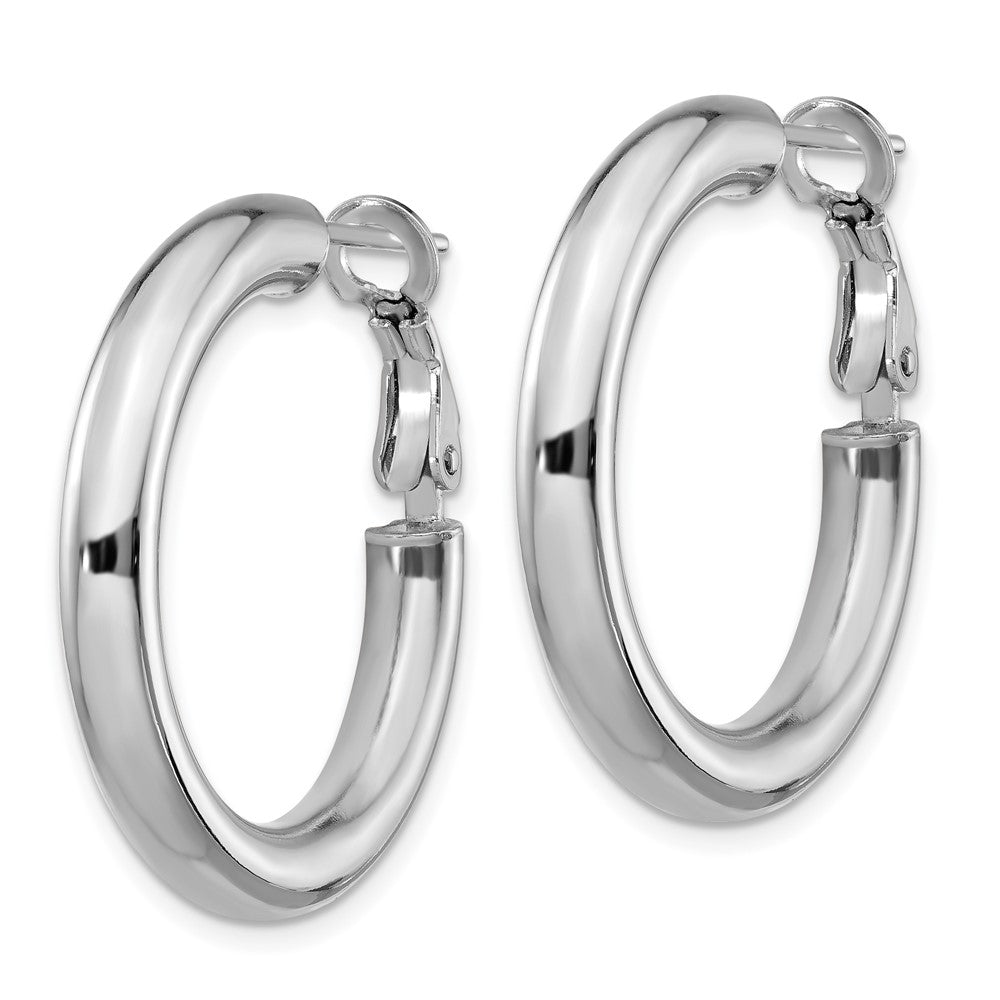 14k White Gold 4x28mm Polished Round Omega Back Hoop Earrings