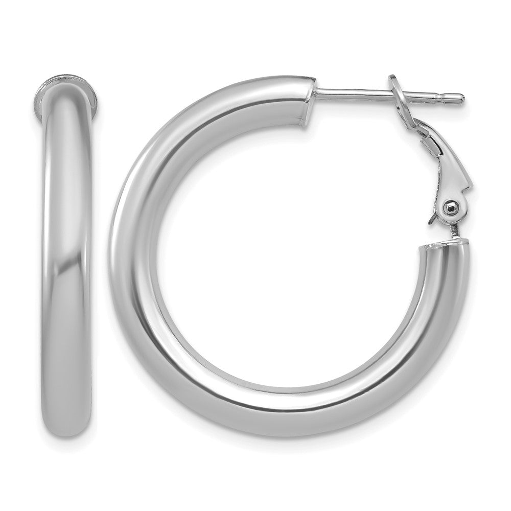14k White Gold 4x28mm Polished Round Omega Back Hoop Earrings