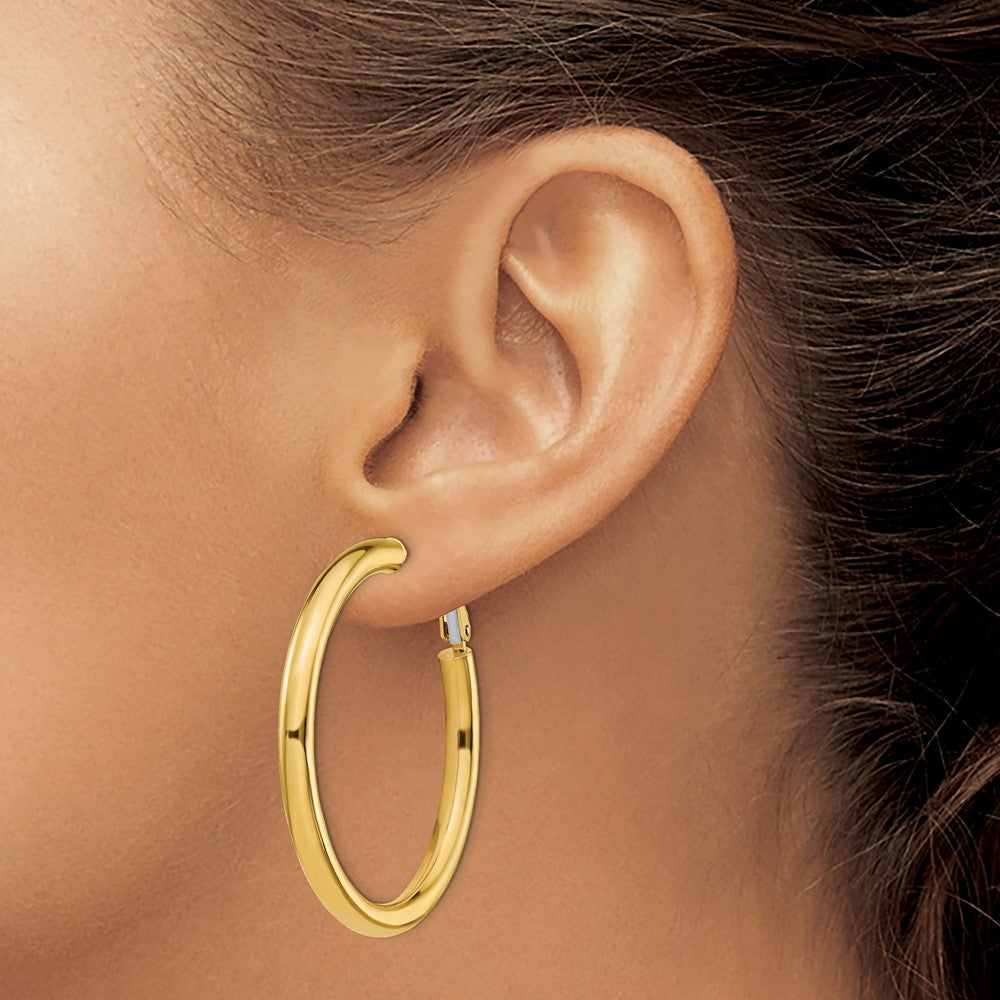 14k 4x45mm Polished Round Omega Back Hoop Earrings
