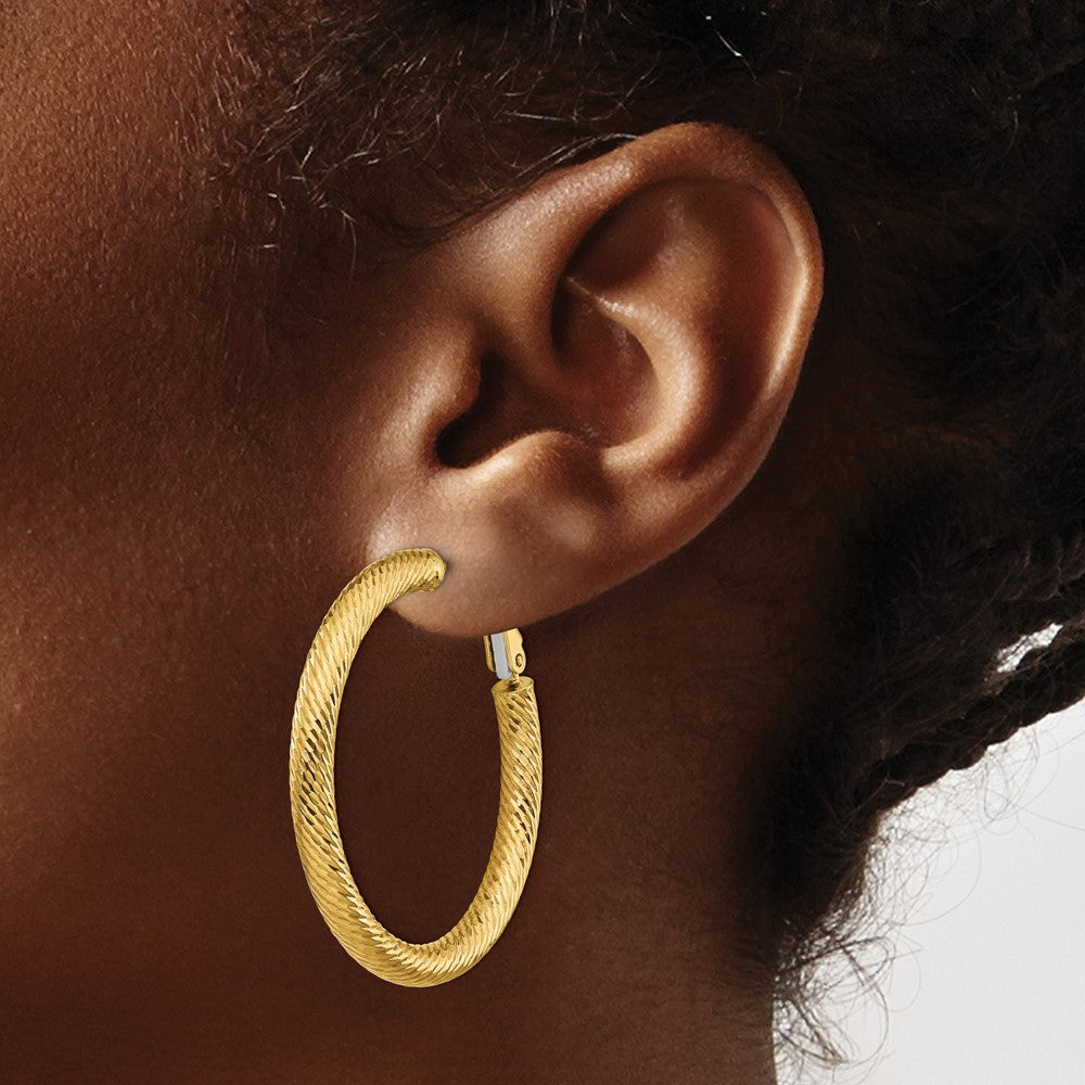 14k 4x40mm Diamond-cut Round Omega Back Hoop Earrings