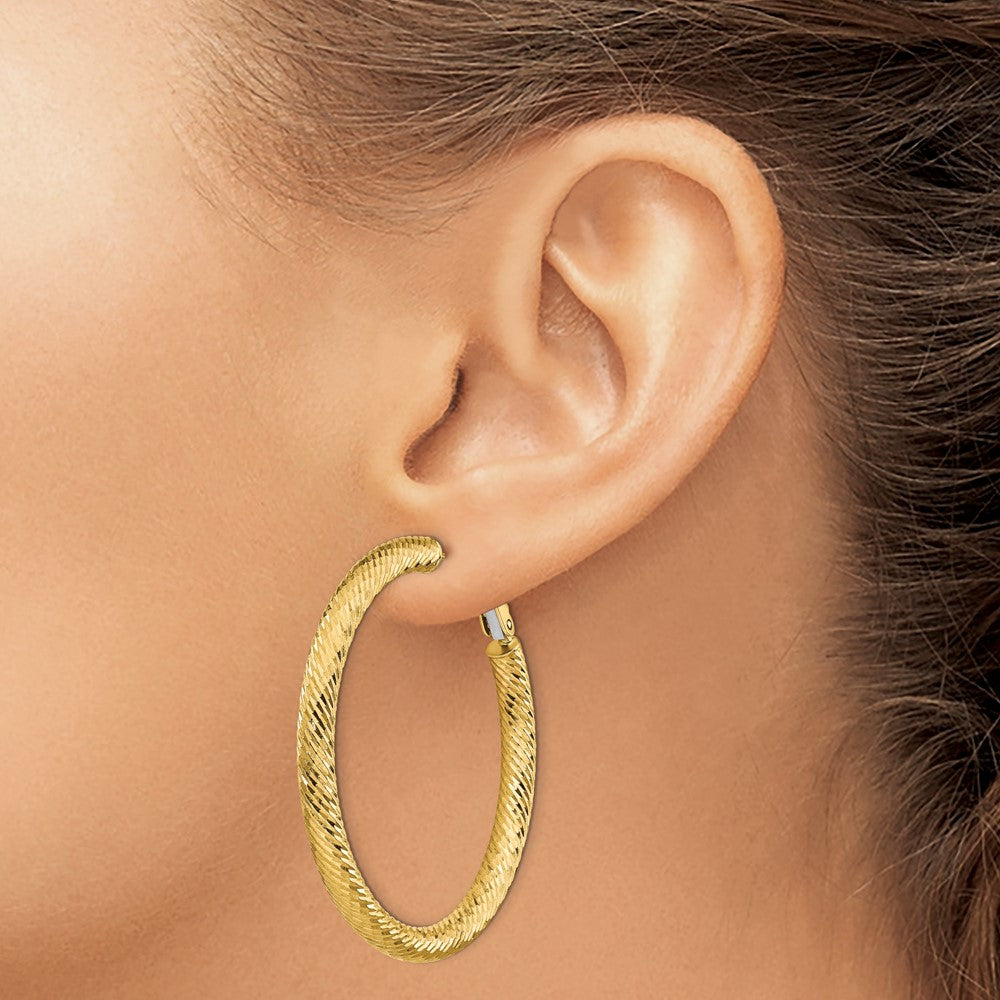 14k 4x45mm Diamond-cut Round Omega Back Hoop Earrings