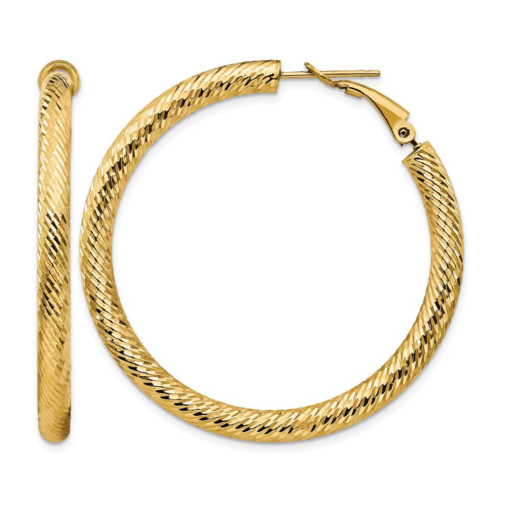 14k 4x45mm Diamond-cut Round Omega Back Hoop Earrings
