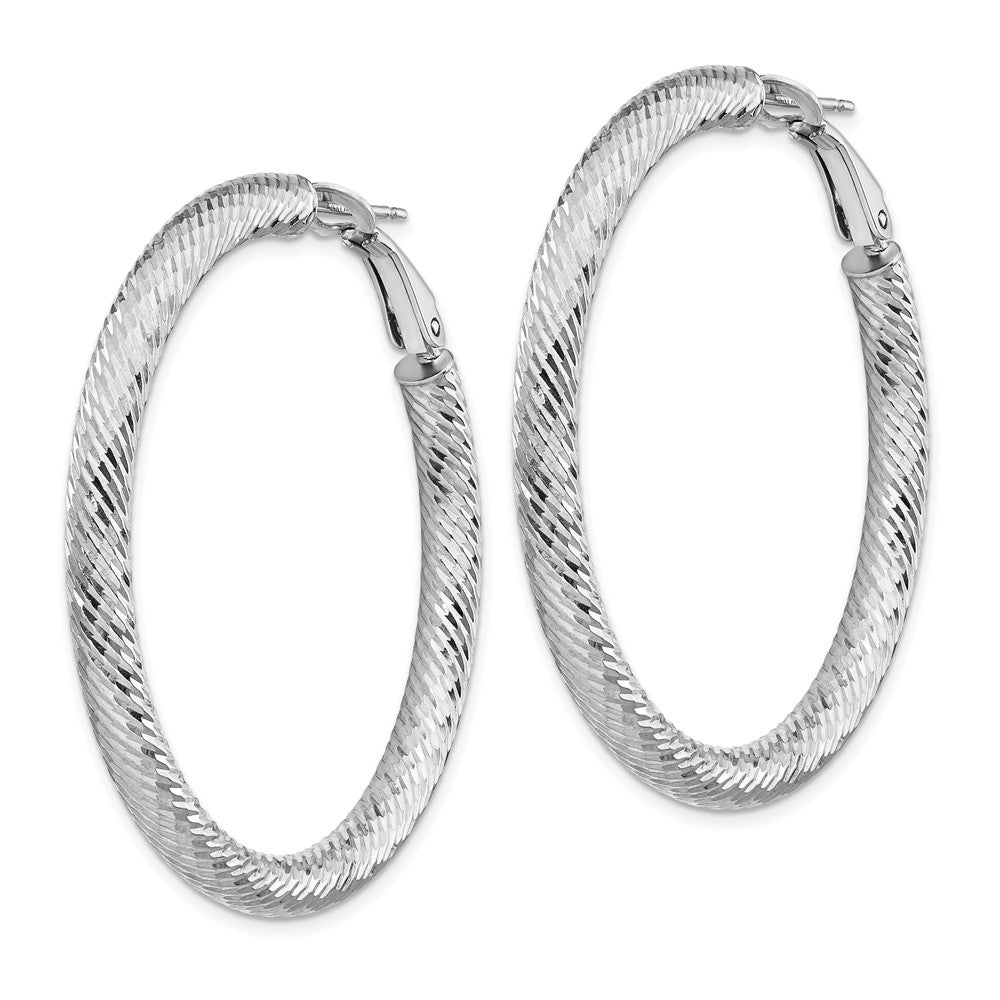 14k 4x45mm White Gold Diamond-cut Round Omega Back Hoop Earrings