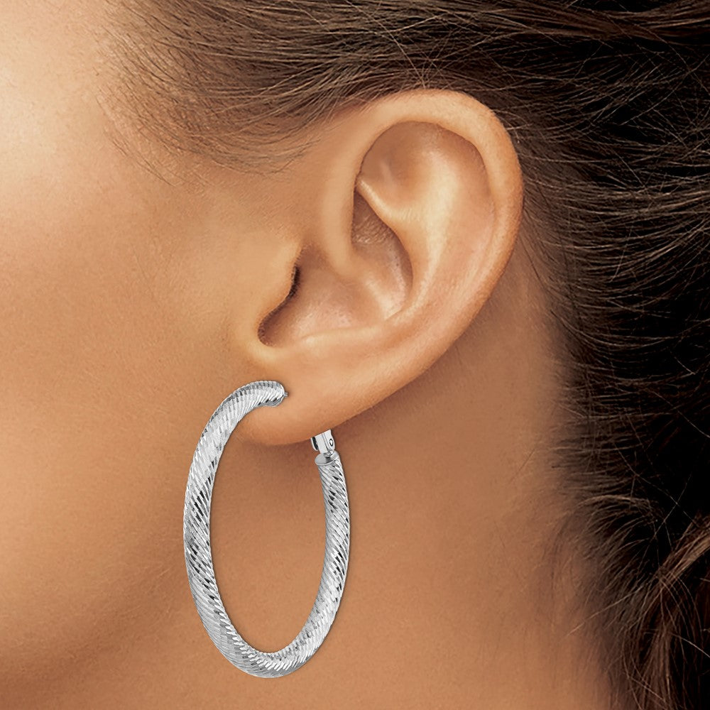 14k 4x45mm White Gold Diamond-cut Round Omega Back Hoop Earrings