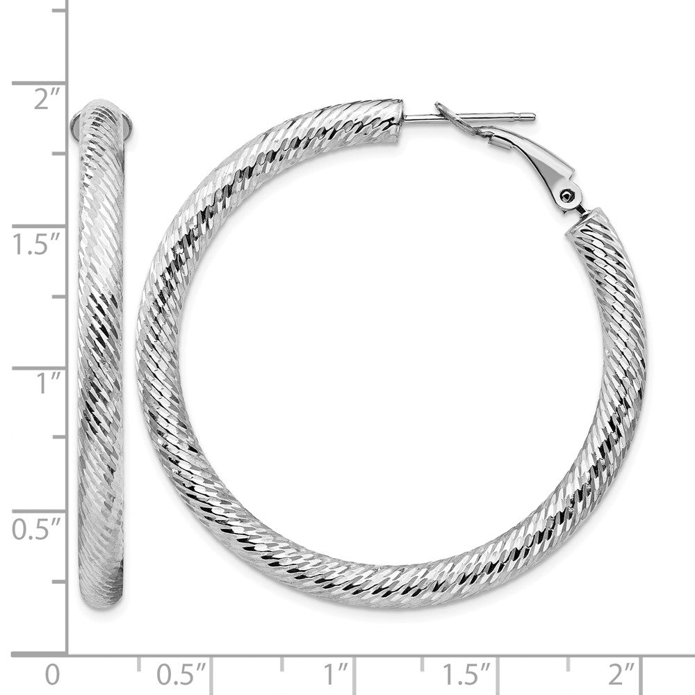 14k 4x45mm White Gold Diamond-cut Round Omega Back Hoop Earrings