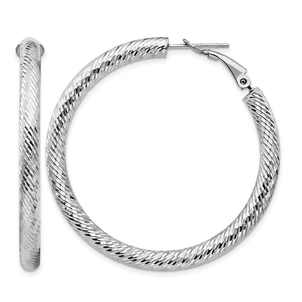 14k 4x45mm White Gold Diamond-cut Round Omega Back Hoop Earrings